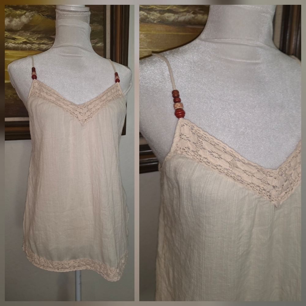 Vintage Old Navy Ivory White Cotton V-Neck Boho Tank Top 1990s 2000s